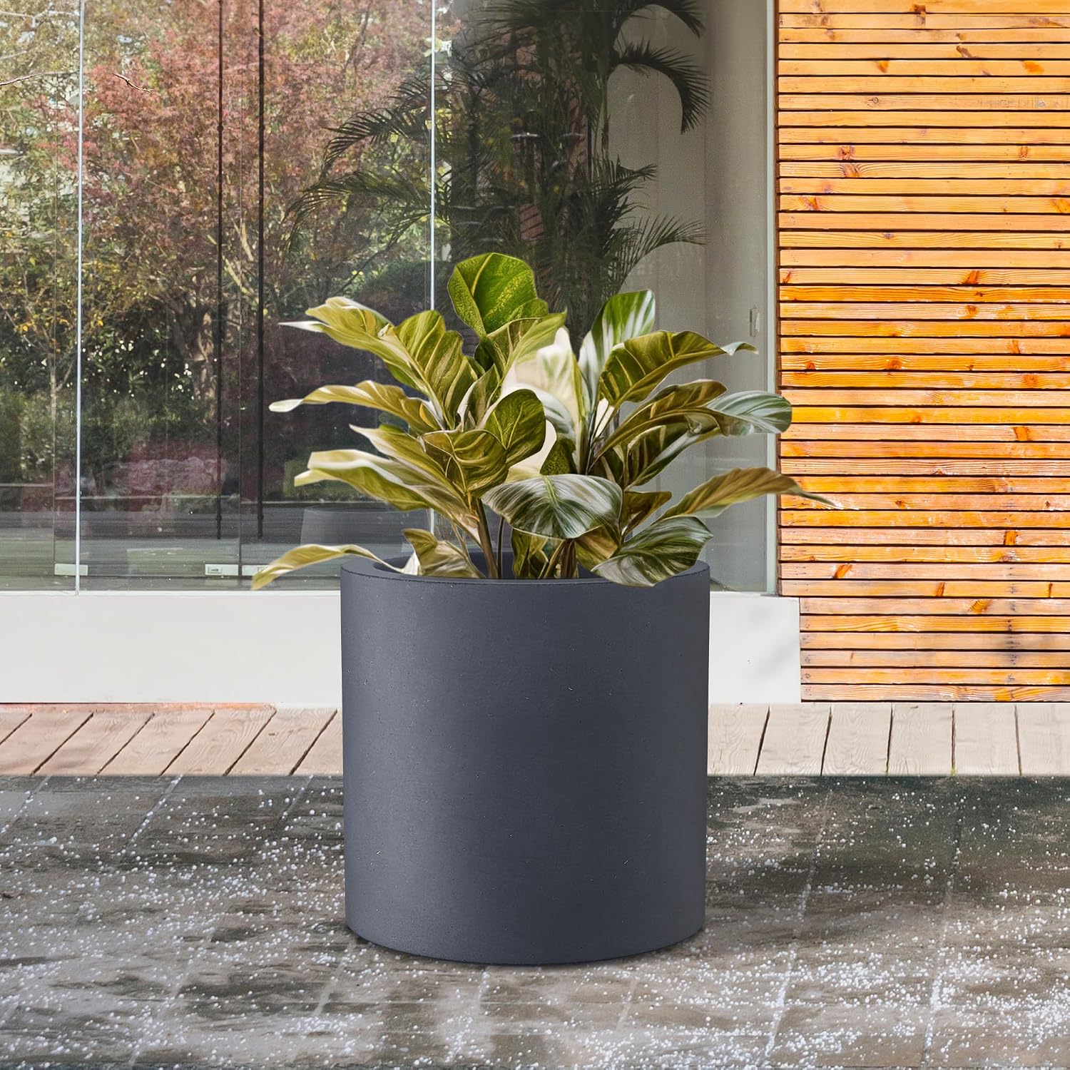 Kante Large Round Cylinder Charcoal Concrete Planter 15.8" Tall, Outdoor