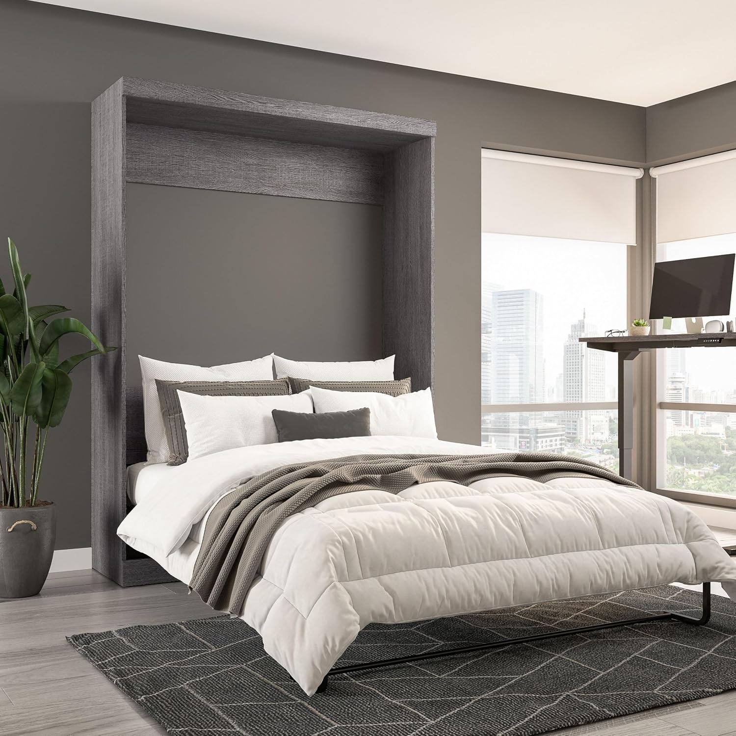 Bestar Pur Queen Murphy Bed, 65-inch Space-Saving Sleeping Arrangement for Multipurpose Area, Bedroom, Guest Room, or Living Room | Dual piston mechanism; for guest room or multipurpose space; Shaker-inspired trim with metal handles