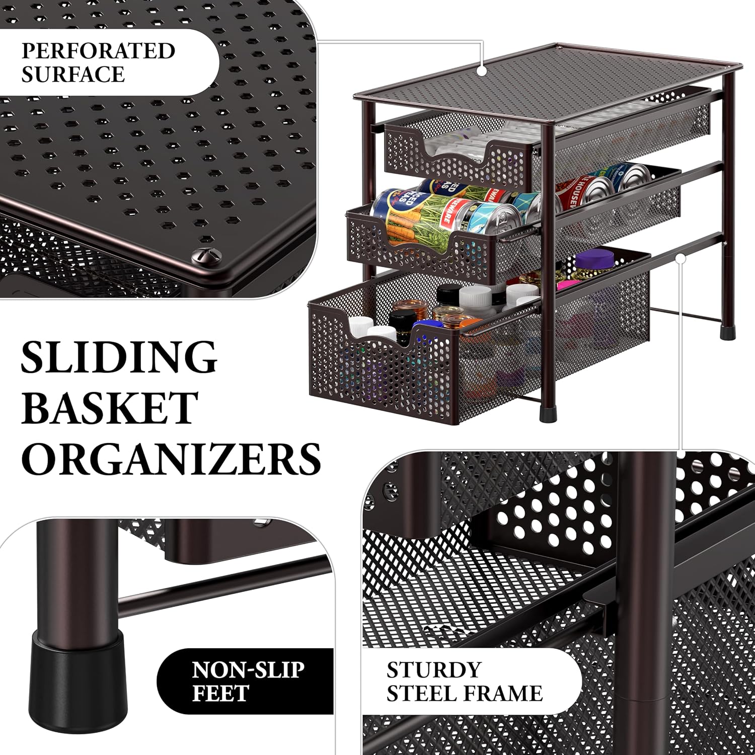 Simple Houseware Stackable 3 Tier Sliding Basket Organizer Drawer, Silver