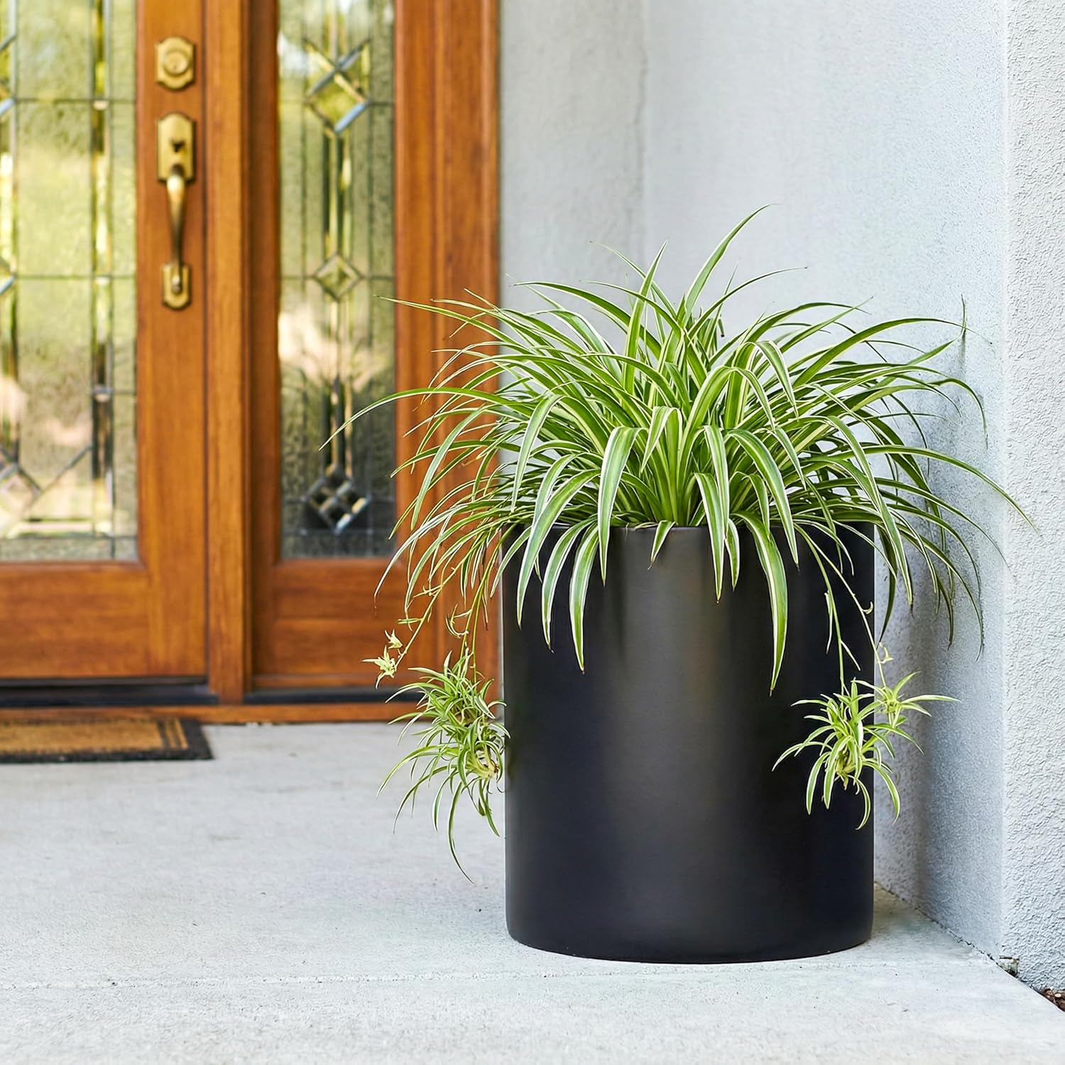 FaithLand 14 Inch Fiberstone Planter - Lightweight Modern Cylinder Plant Pot with Drainage Hole & Plug, Indoor Outdoor Use, Matte White