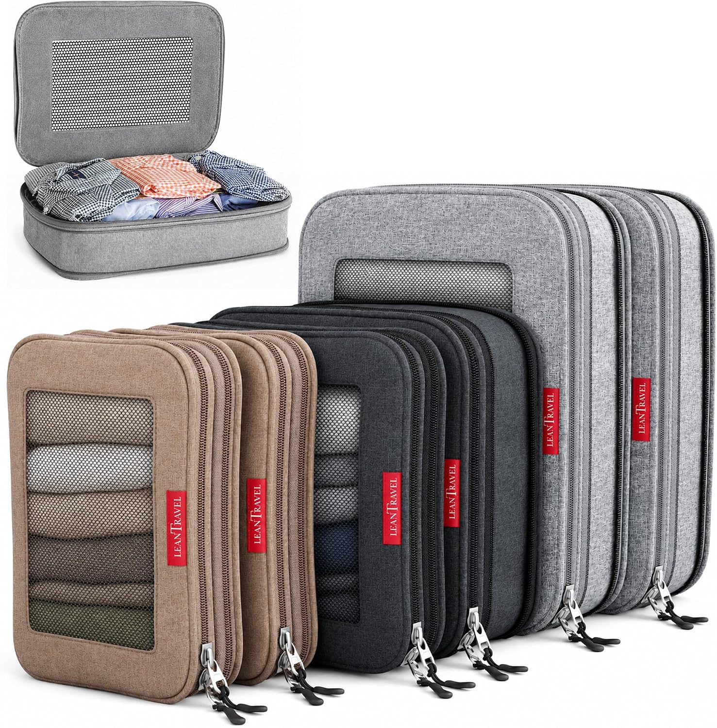 LeanTravel Premium Compression Packing Cubes for Travel - Suitcase Organizer Bags with Double Zipper & Breathable Mesh Panel - Space Saving Carry On Luggage Essentials (6-Pack, Grey)