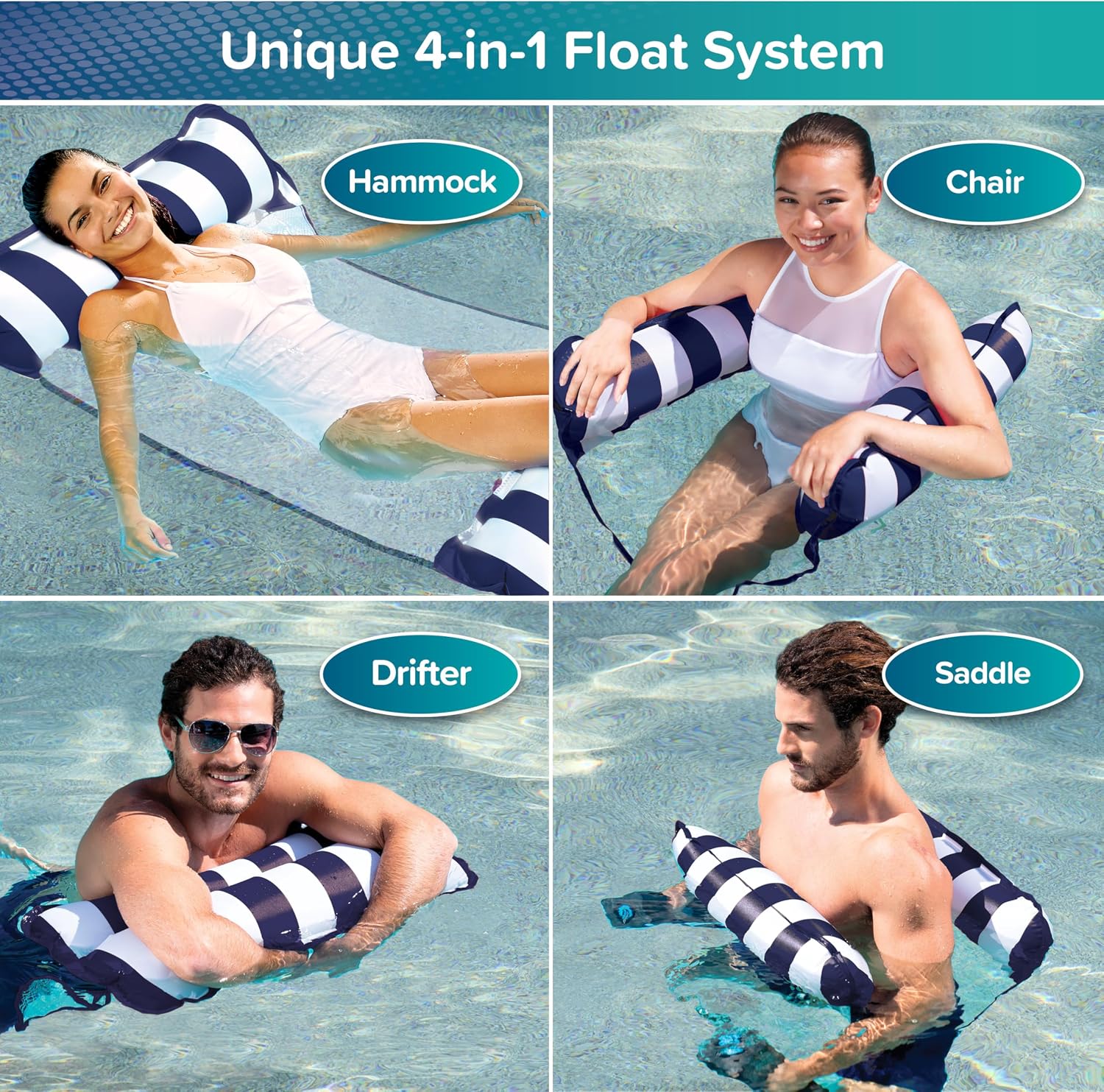 Aqua 4-in-1 Monterey Hammock Pool Float & Water Hammocks – 2-3-4 Multipacks – Multiple Colors/Styles – for Adults and Kids Floating