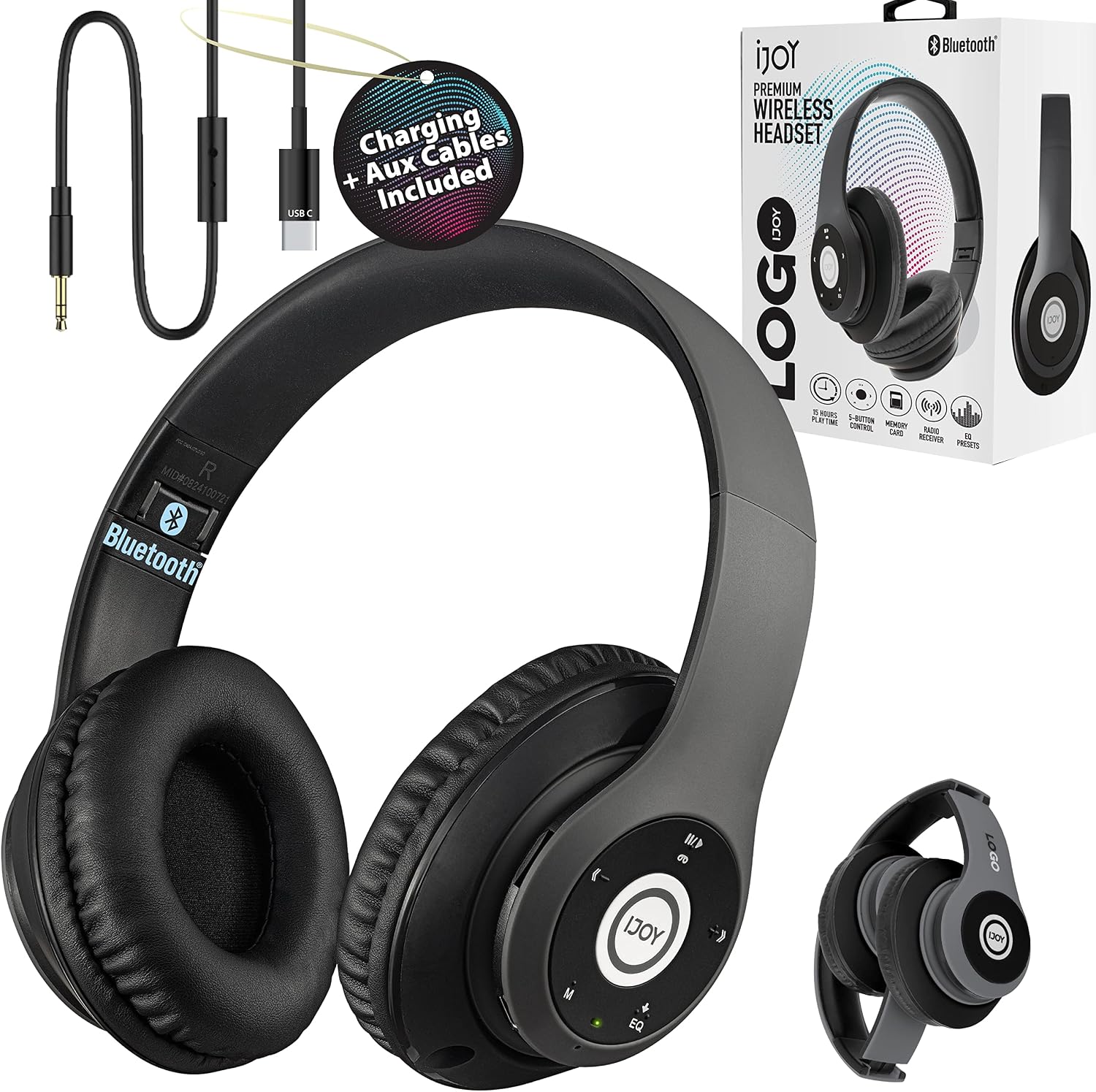 iJoy Bluetooth Headphones Over Ear, Wireless and Wired Foldable Headset Built-in Microphone - (Stealth) Adults Kids Men Women - Audifonos Auriculares Inalambricos