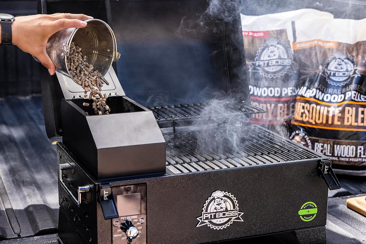 Pit Boss 150 Battery Powered Wood Pellet Grill & Smoker with Flame Broiler 256-Sq. In. Cooking Space, 180°F to 500°F Temperature Range