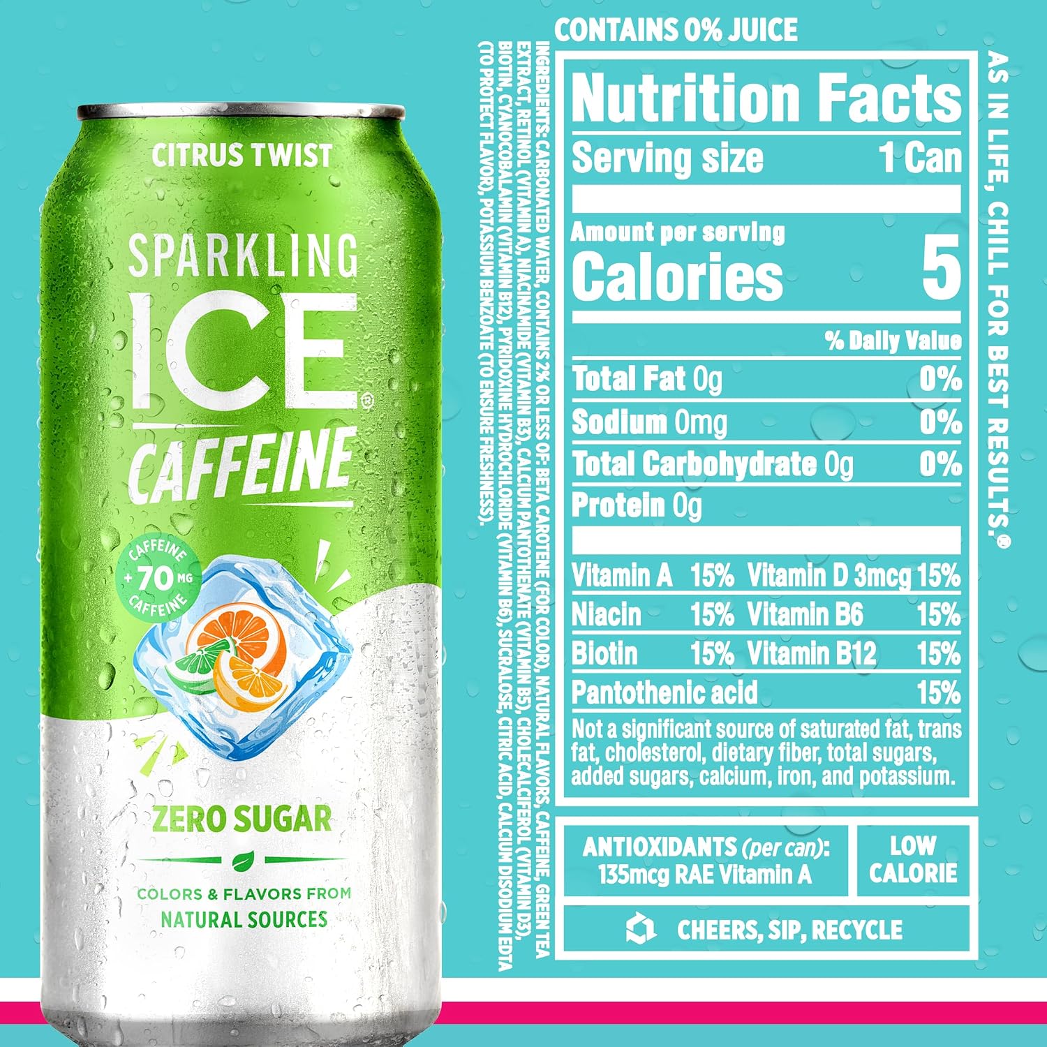 Sparkling Ice Caffeine Black Raspberry Sparkling Water with Caffeine, Zero Sugar, with Antioxidants and Vitamins,16 fl oz Cans (Pack Of 12)