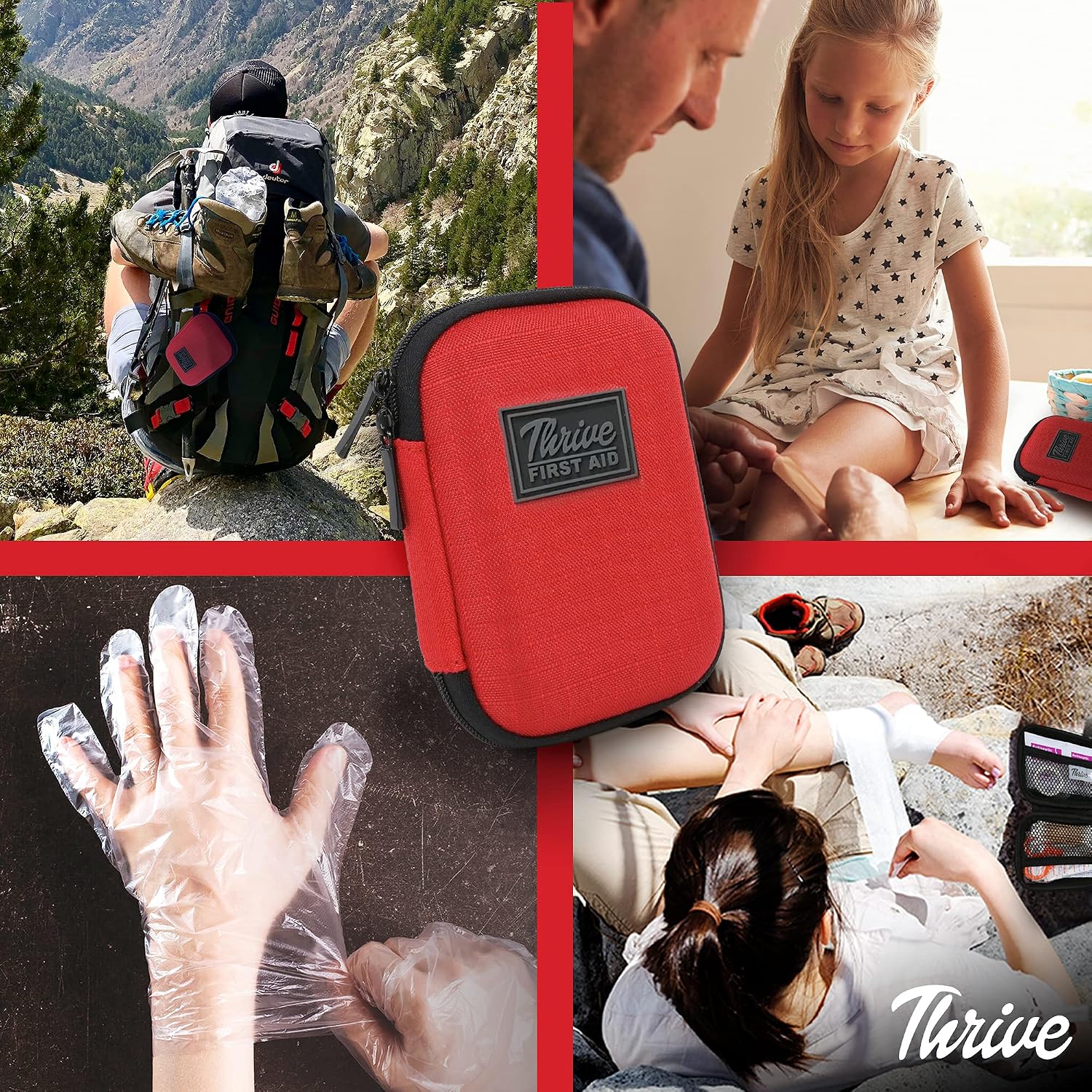 Thrive Mini First Aid Kit - Compact Travel Essentials Pack - Waterproof Camping Essentials Set - Portable Car First Aid Kit & Hiking Supplies Pouch - 66-Piece Set, Red Shell Case