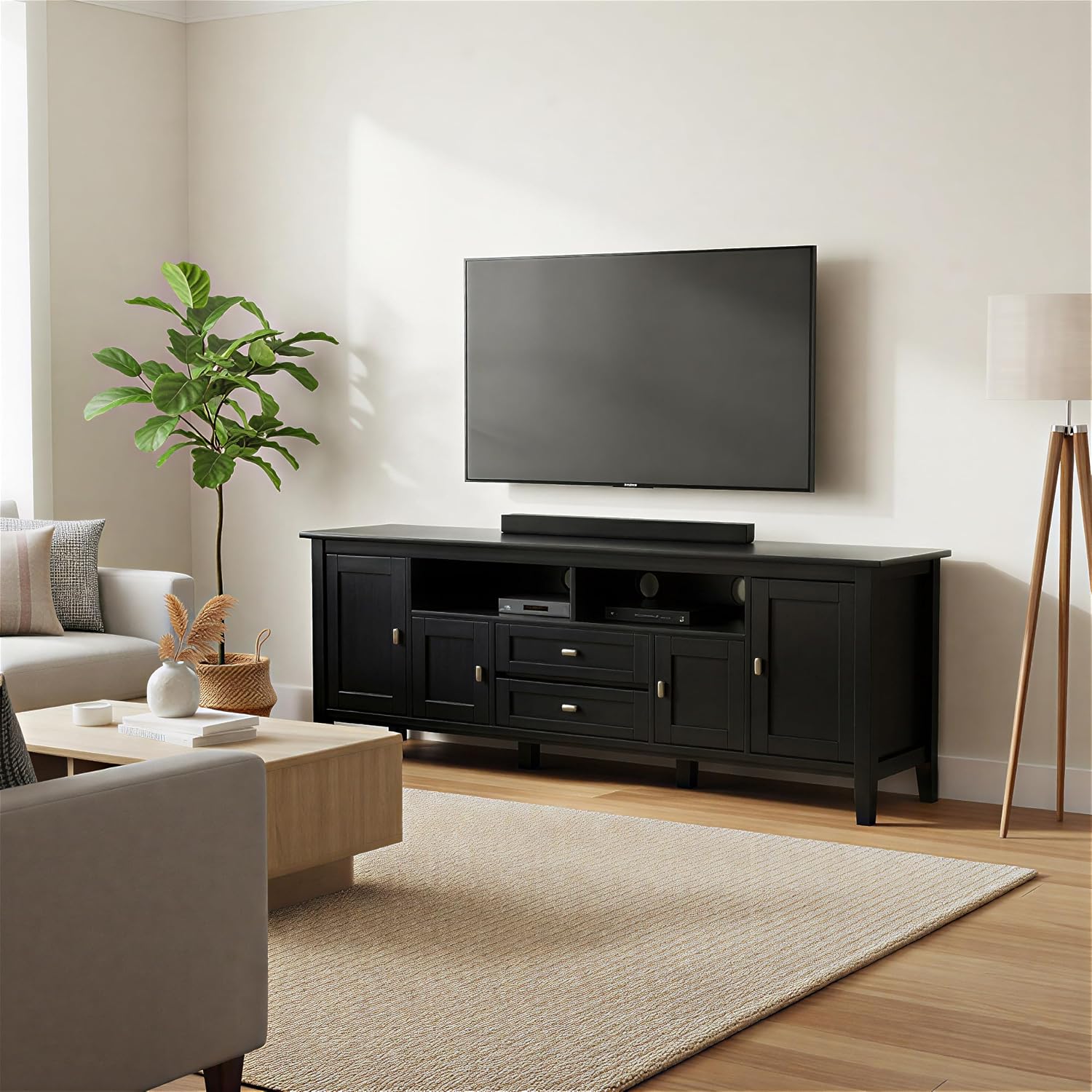 SIMPLIHOME Warm Shaker 47" Wide Solid Wood TV Stand in Light Golden Brown