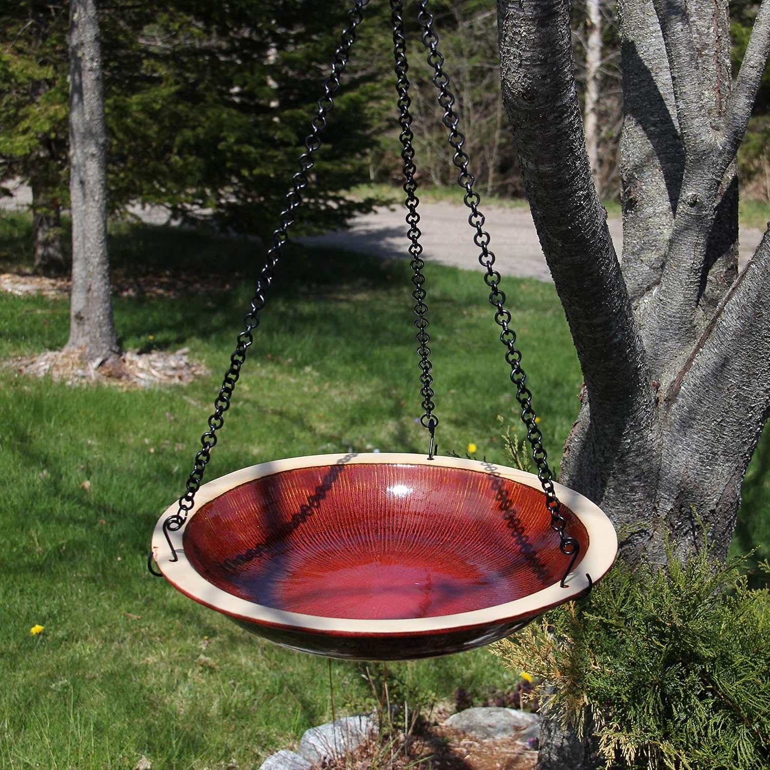 BYER OF MAINE Circles Hanging Bird Bath, Porcelain, Glaze Finish, Adjustable Chain, Sandy Granite, 14”x14”x34” adj
