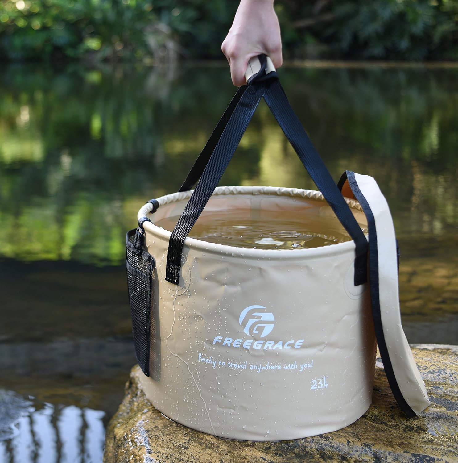 Freegrace Collapsible Bucket with Mesh Tool Pocket - 10L, 16L & 23L Portable Folding Water Container - Heavy Duty 500D Tarpaulin, BPA-Free Wash Basin for Camping, Fishing, RV, and Car Washing