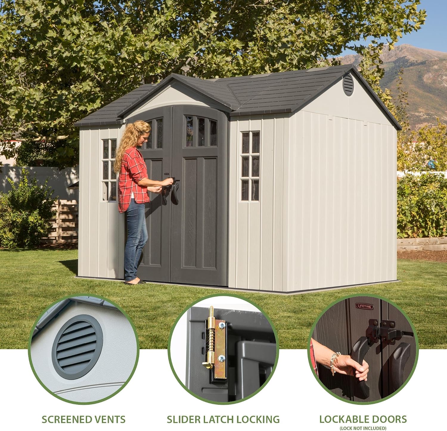 Lifetime 10×8 Ft. Outdoor Storage Shed, Dual‑Wall HDPE with Steel‑Reinforced Structure, Side‑Entry Doors with Windows, Skylight, Screened Vents
