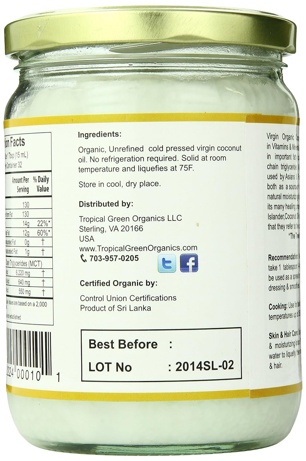 Tropical Green Organics Virgin Coconut Oil, 16 Ounce