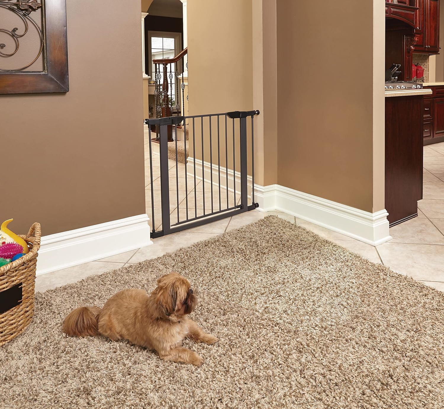 Midwest Homes 39-Inch Steel Walk-Thru Dog Gate, Expands to 38" | Pressure Mounted, Expands 29.5"- 38" Wide, Auto-Close Door, Spring-Loaded Latch, Includes Two 3" Extensions