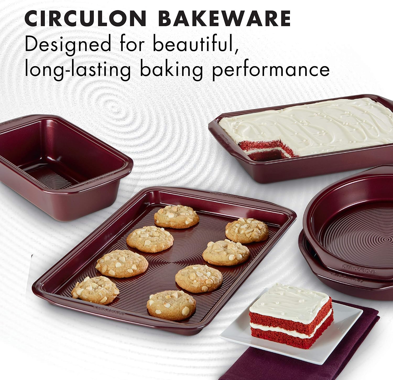 Circulon Nonstick Bakeware Set with Nonstick Cookie Sheet, Bread Pan, Bakings Pan and Cake Pans - 5 Piece, Chocolate Brown