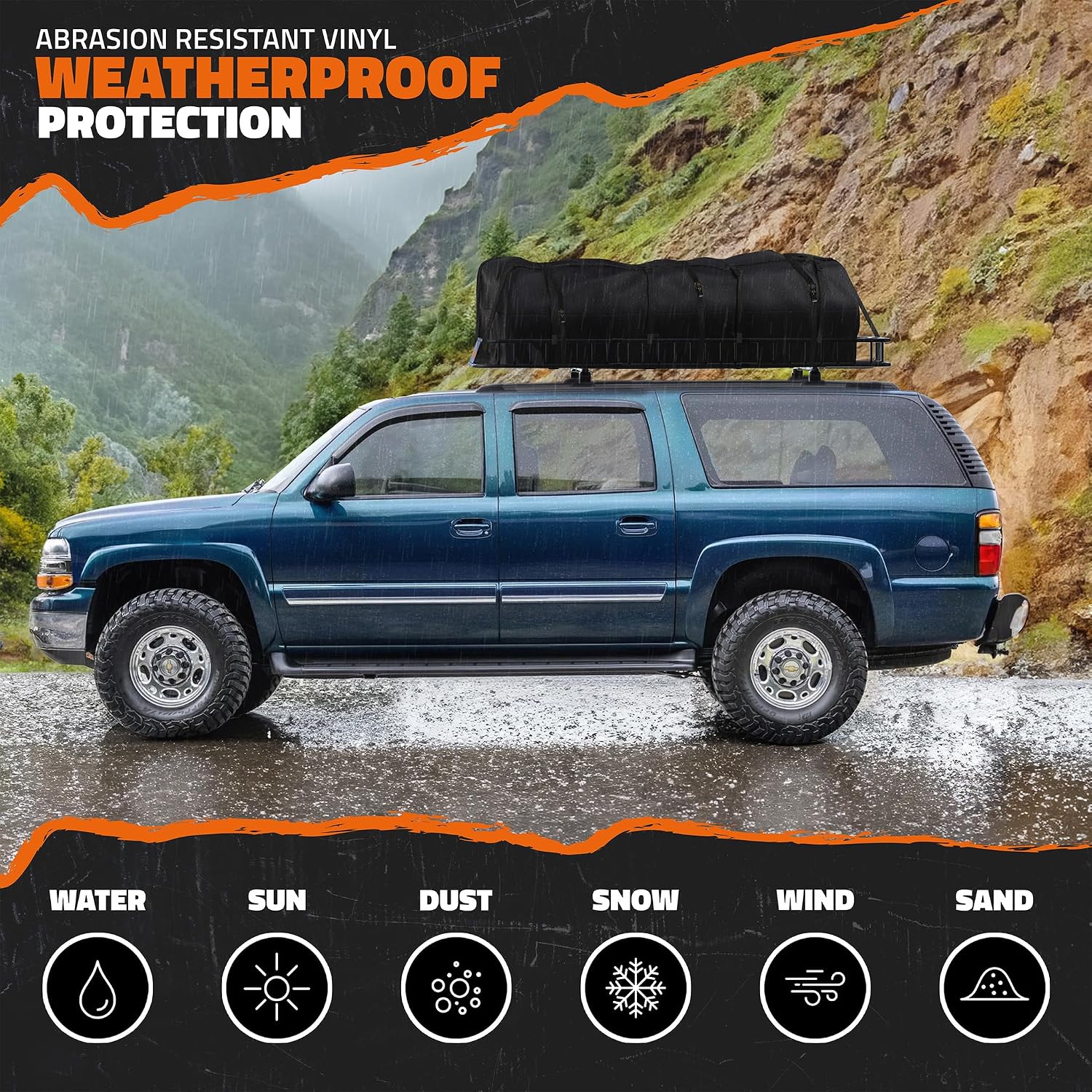 Mockins 90"x50"x5" XXL Heavy Duty Roof Rack Cargo Carrier w/ 250 Lbs. Cap | With 50 Cu Ft Waterproof Soft Vinyl Rooftop Cargo Bag | Roof Basket for
