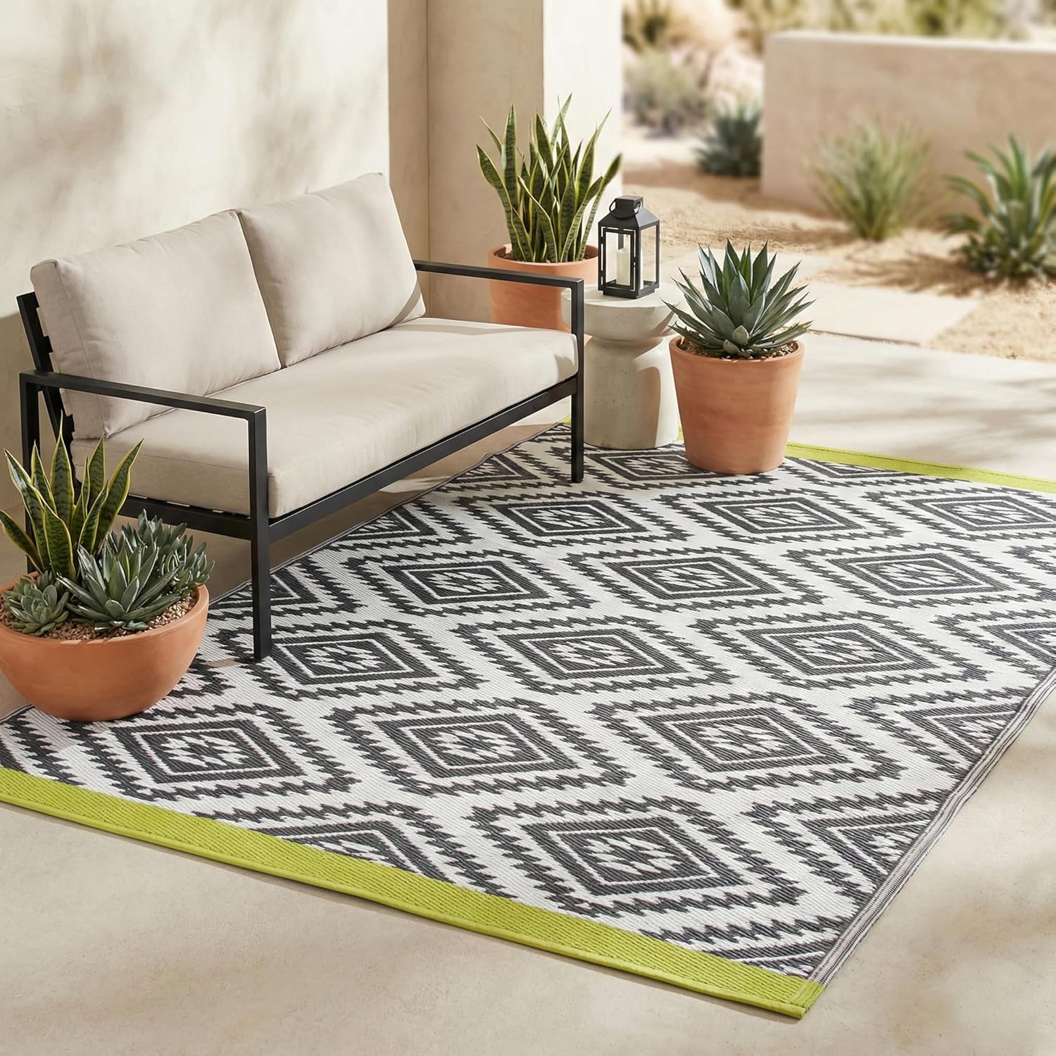 Fab Habitat Outdoor Rug - Waterproof, Fade Resistant, Crease-Free - Premium Recycled Plastic - Geo Tribal - Porch, Deck, Balcony, Mudroom