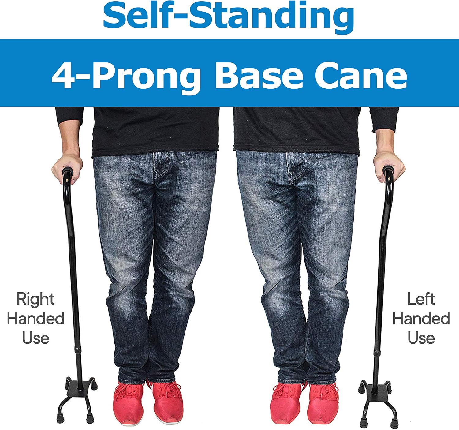 RMS Quad Cane - Adjustable Walking Cane with A Large Four-Pronged Base for Extra Stability - Foam Padded Offset Handle for Secure & Comfort Grip