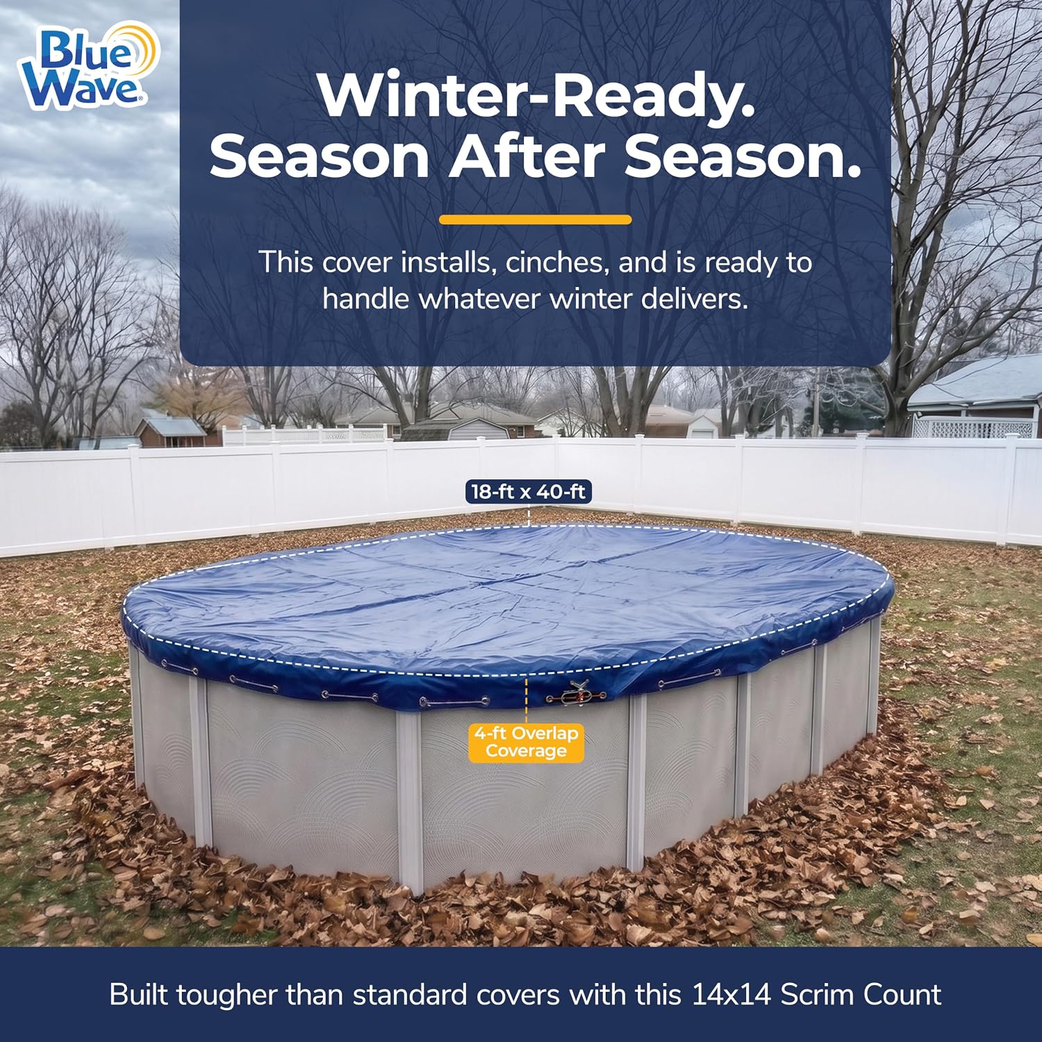 Blue Wave Arctic Armor 12x24-ft Oval Above Ground Pool Winter Cover, Blue | 14x14 laminated polyethylene, metal grommets every 2 ft, black underside, cable and winch, 4-ft overlap, 15-yr support