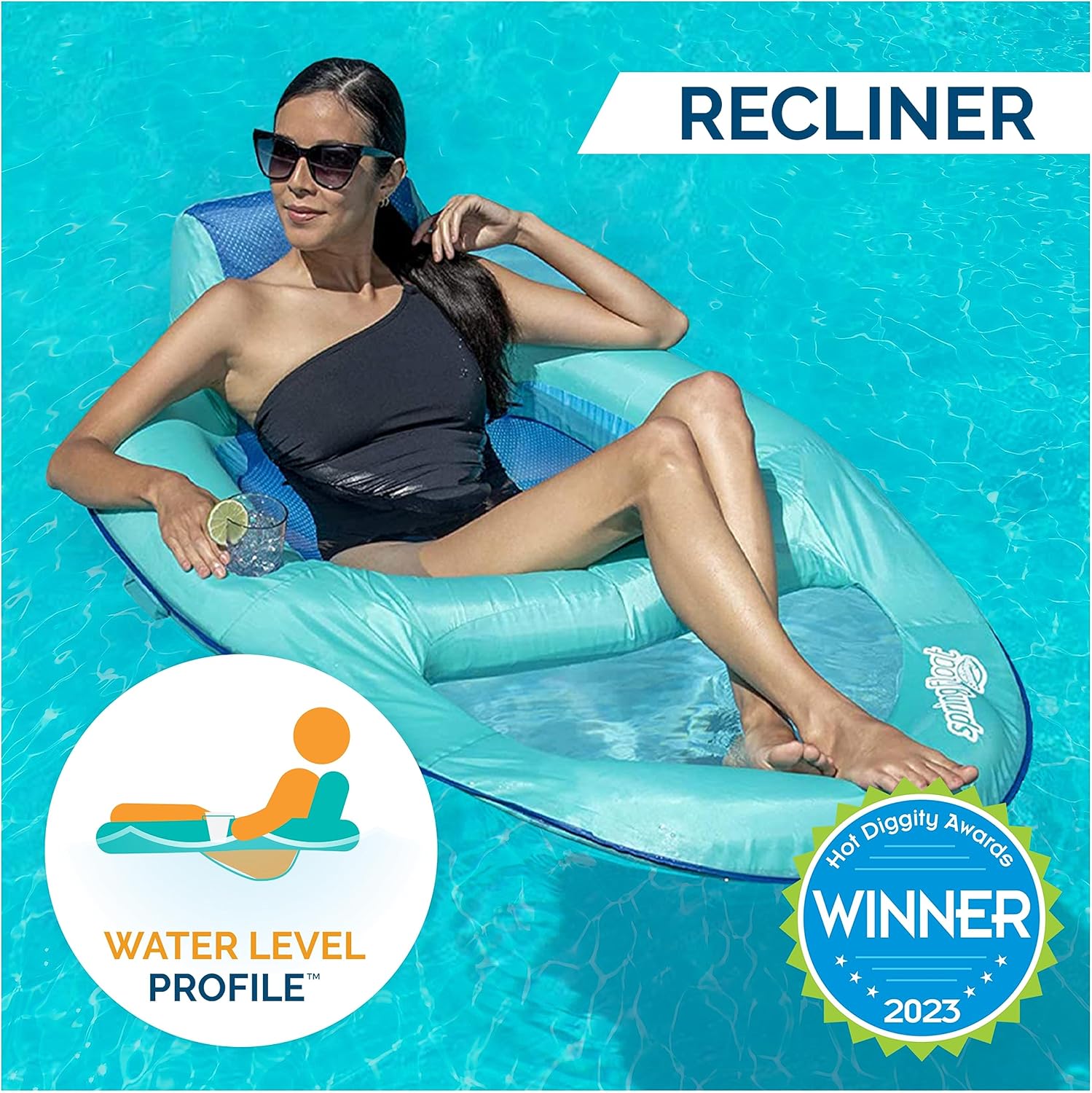 SwimWays Spring Float Recliner Chair for Swimming Pool, Inflatable Pool Floats Adult with Fast Inflation, Cup Holder & Foot Rest for Ages 15 & Up