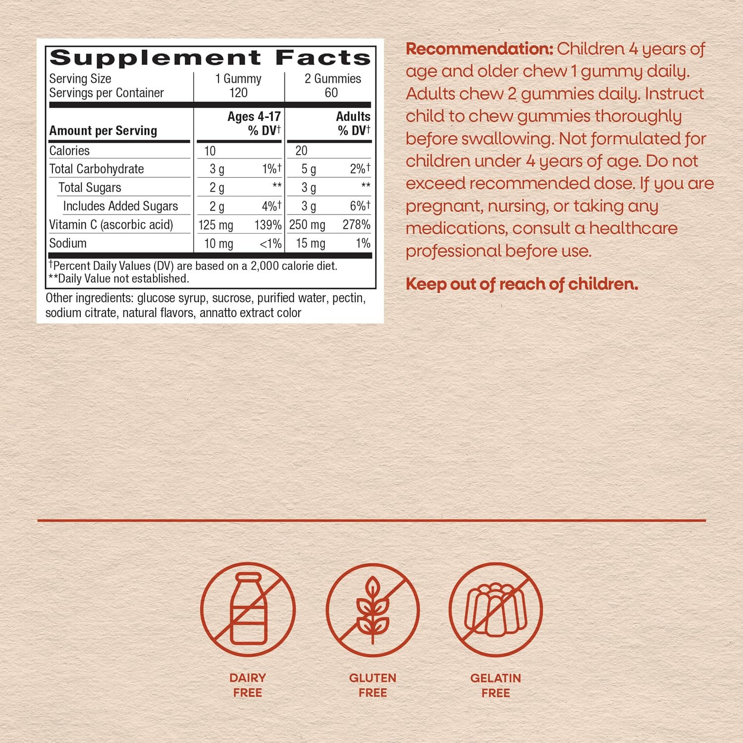 Nature's Way Vitamin C Gummies, 250 mg per Serving, Orange, 120 ct