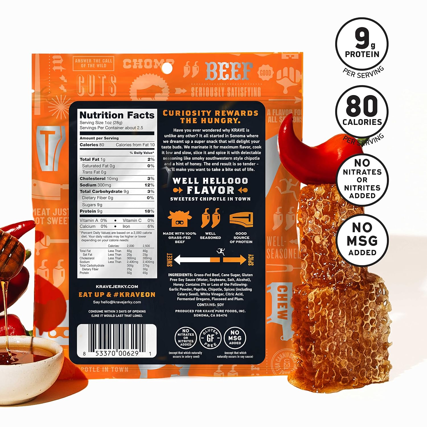 KRAVE All Natural Pork Jerky, Black Cherry BBQ - Protein Packed Snacks Roasted for Maximum Flavor - Premium Tender Meat Cuts - Gluten Free - 2.7 Ounce