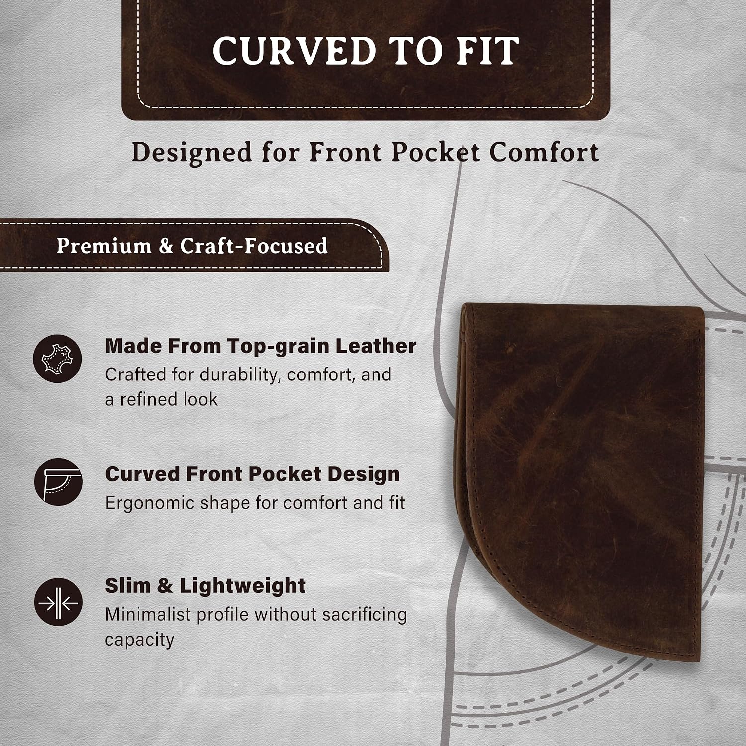 Genuine Bison Leather Wallet for Men, RFID Slim, Brown | Genuine bison leather wallet for men with RFID blocking and curved front pocket fit. Rugged slim everyday carry, brown.