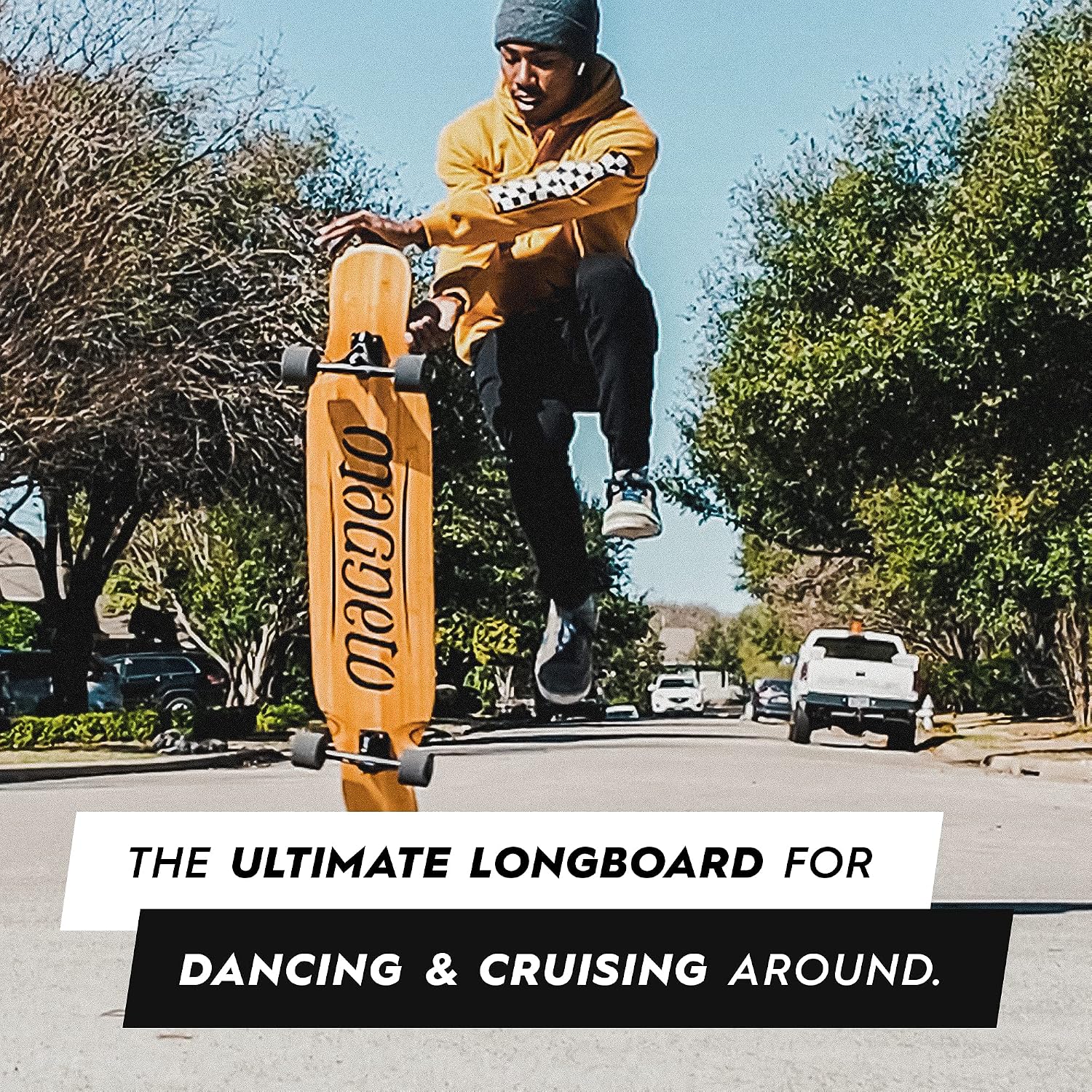 Magneto Dancer Longboard Skateboard - Smooth Carbon Fiber Cruiser Board - Kicktail Longboard Deck for Tricks, Smooth Turns - 46" x 9.5", Bamboo