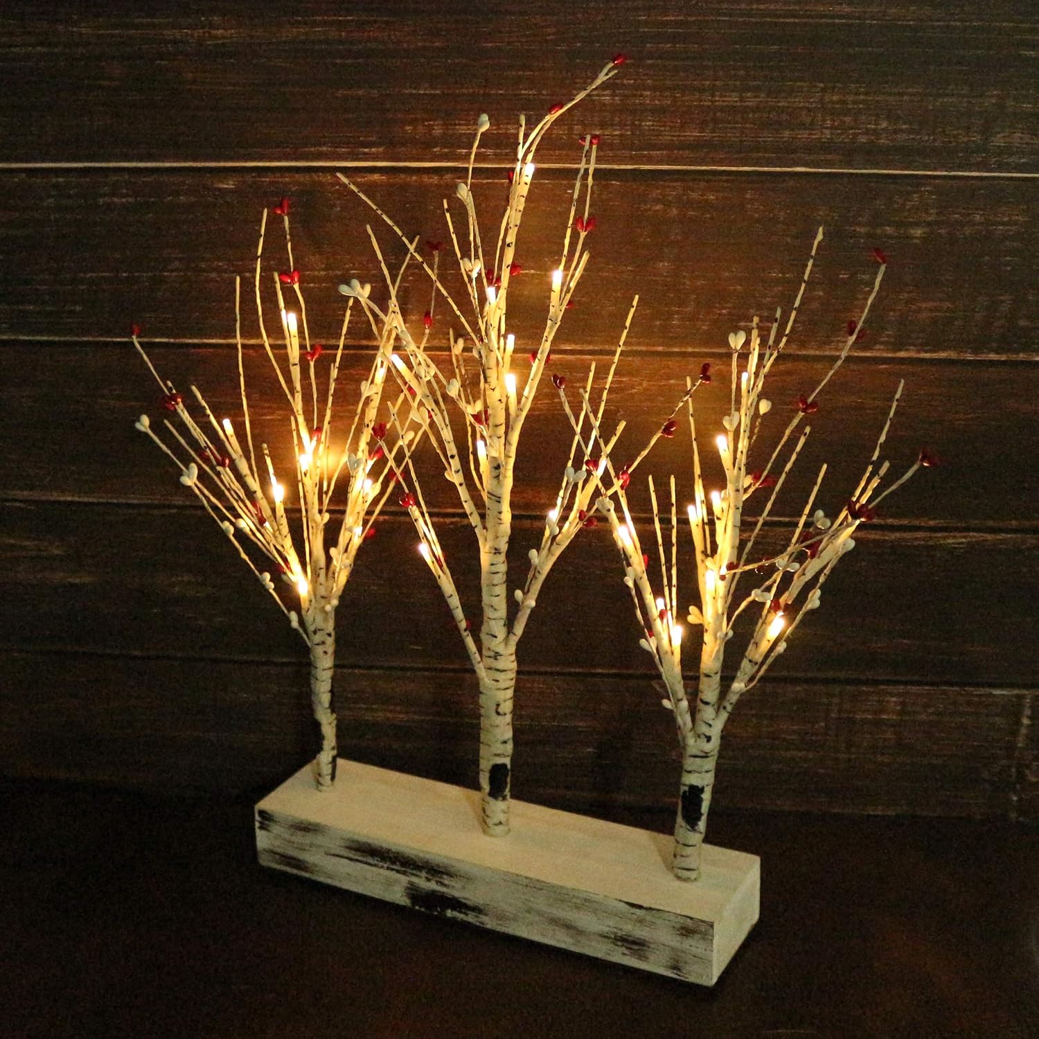 Battery Operated w/Timer Illuminated Pip Berry Tree Centerpiece Lighted Three Trees Tabletop LED Lights, for Home/Party/Wedding/Festival/Indoor Decoration, 21-Inch