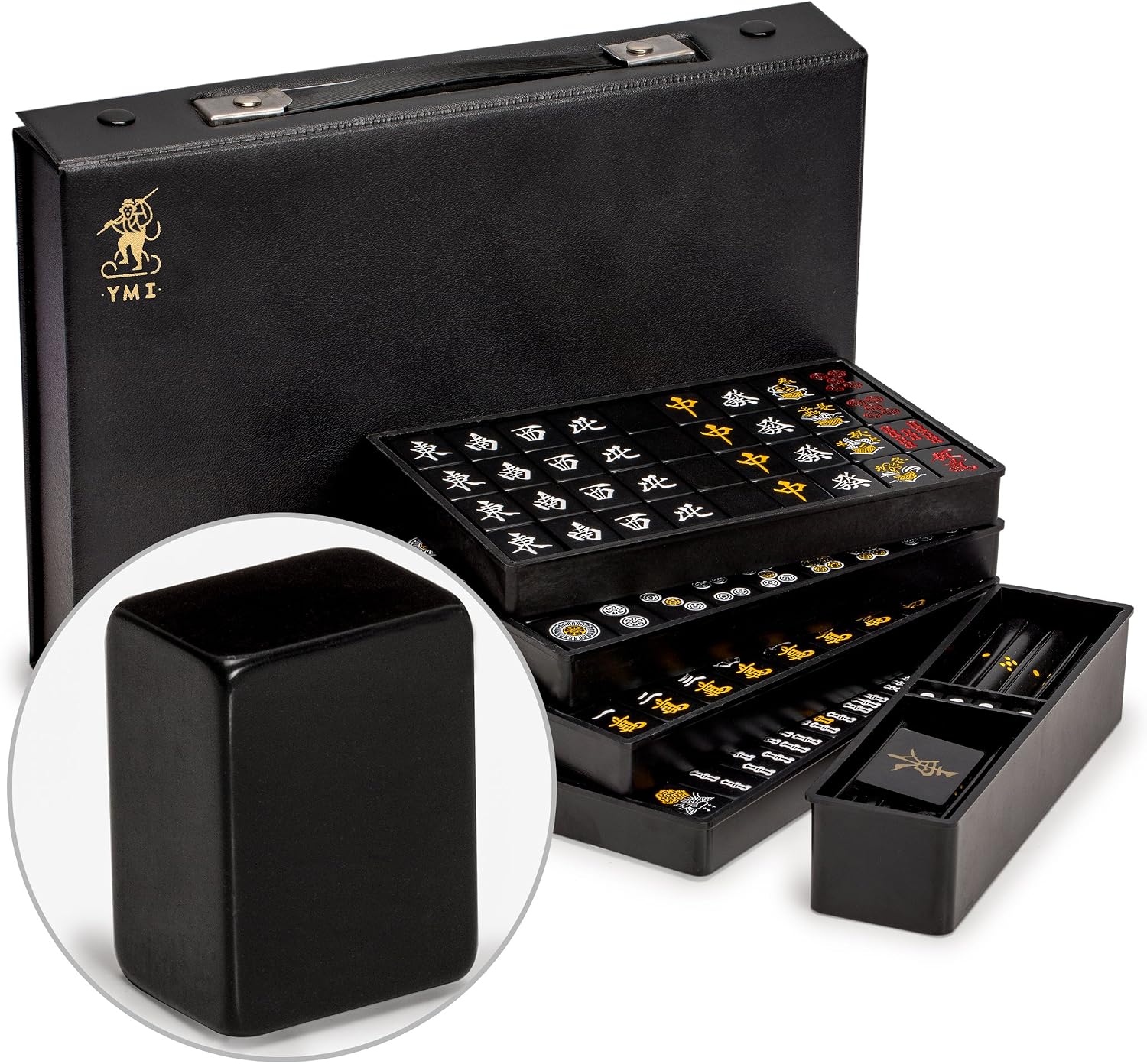 Yellow Mountain Imports Japanese Riichi Mahjong Set - White and Yellow Standard Size Tiles - with East Wind Tile and Black Vinyl Case