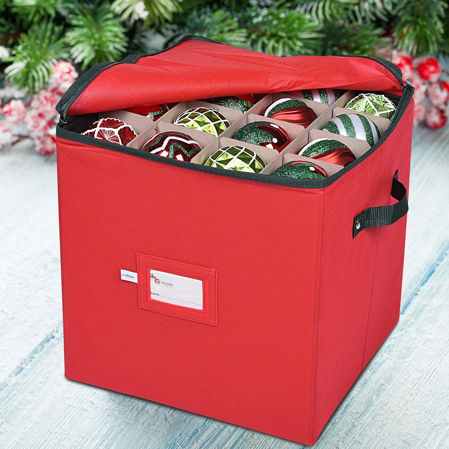 Christmas Ornament Storage Box, 4 Individual Trays Xmas Storage Container, Fits 64 Ornaments Decoration Balls, Constructed of Durable Polyester Material (Red)