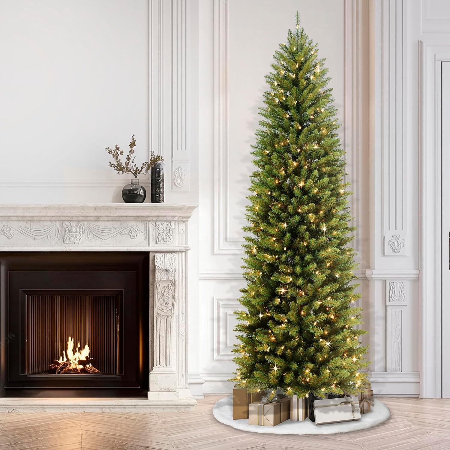 Puleo International 7.5ft Pre-Lit Fraser Fir Pencil Christmas Tree with 350 Clear Lights, 1188 Realistic Dense Branch Tips, Easy Setup Artificial Trees with Sturdy Metal Stand