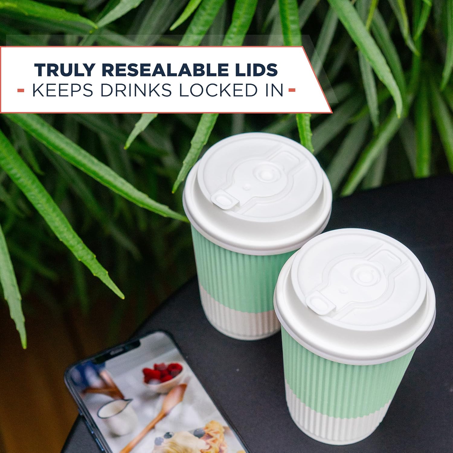 Disposable Coffee Cups With Lids - (80 set) 12 oz Paper To Go Coffee Cups With Resealable Lids Prevent Leaks! Travel Insulated Hot Beverage Drink Cup. Will Not Bend With Heat or Burn Fingers