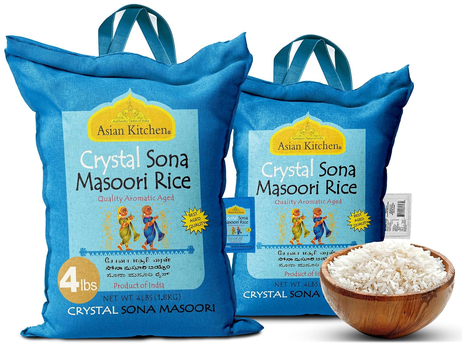 Asian Kitchen White Sona Masoori Aged Rice 20-Pound Bag, 20lbs (9.08kg) Short Grain Rice ~ All Natural | Gluten Friendly | Vegan | Kosher | Indian Origin | Export Quality