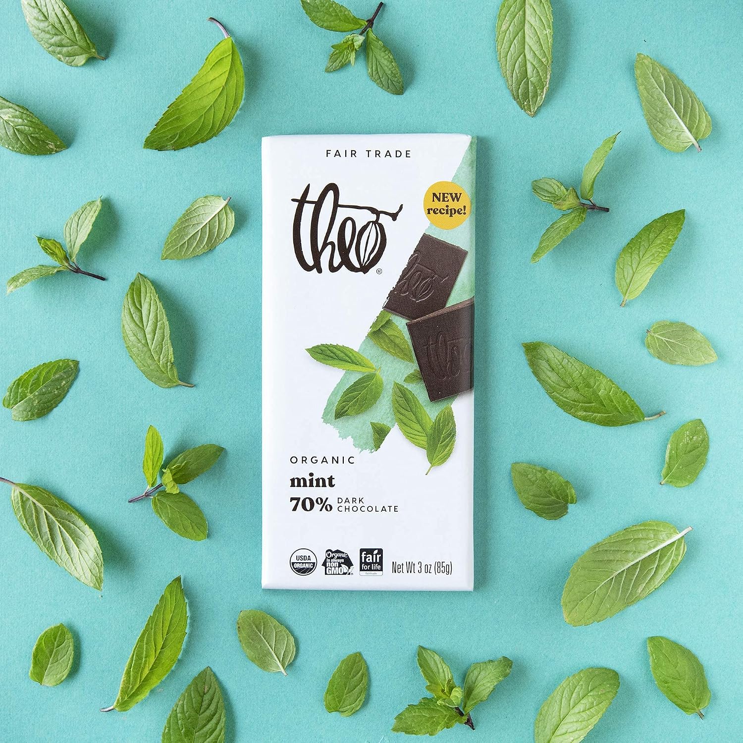 Theo Mint Organic Dark Chocolate Bar, 70% Cacao, 1 Bar | Vegan, Fair Trade