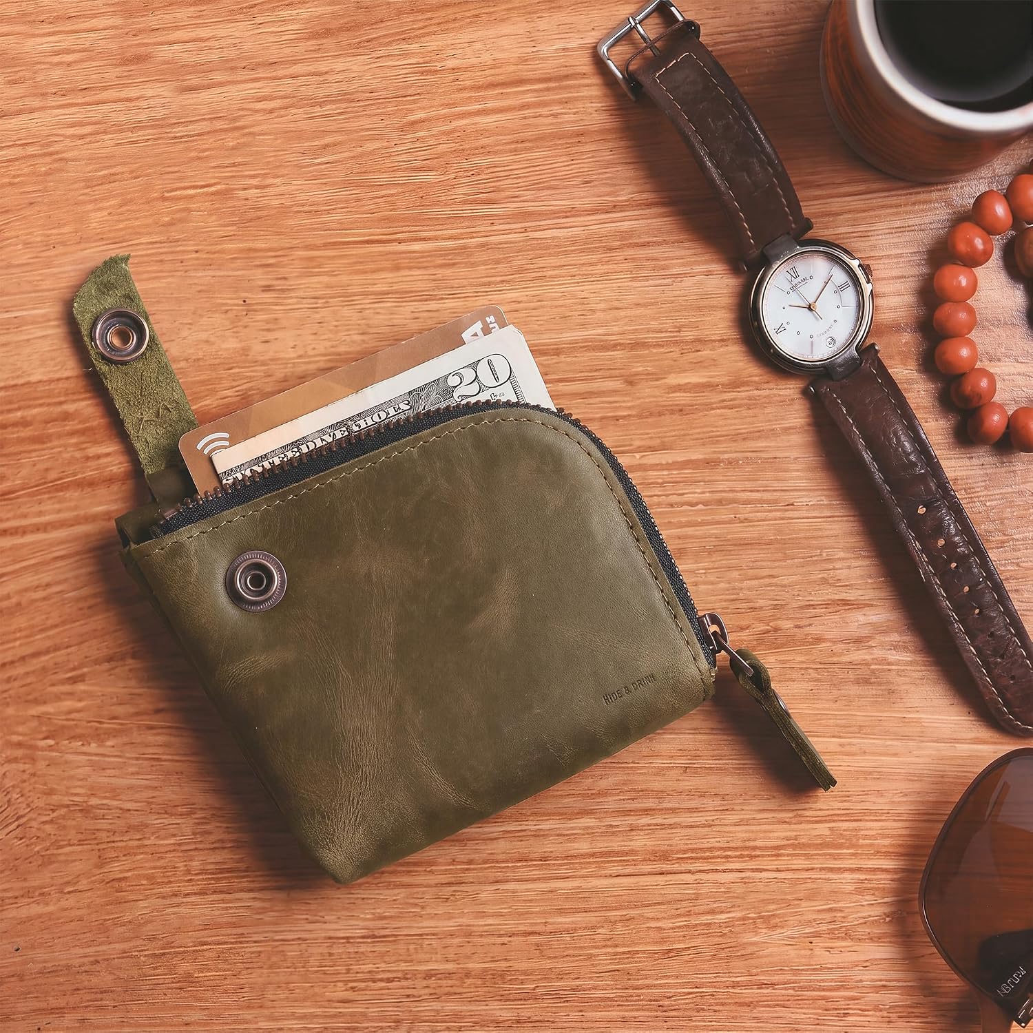 Hide & Drink, Leather Zippered Wallet, Holds Up to 6 Cards Plus Folded Bills, Pouch Organizer, Cash Holder, Travel Essentials, Mini, Pocket-Size, Handmade (Bourbon Brown)