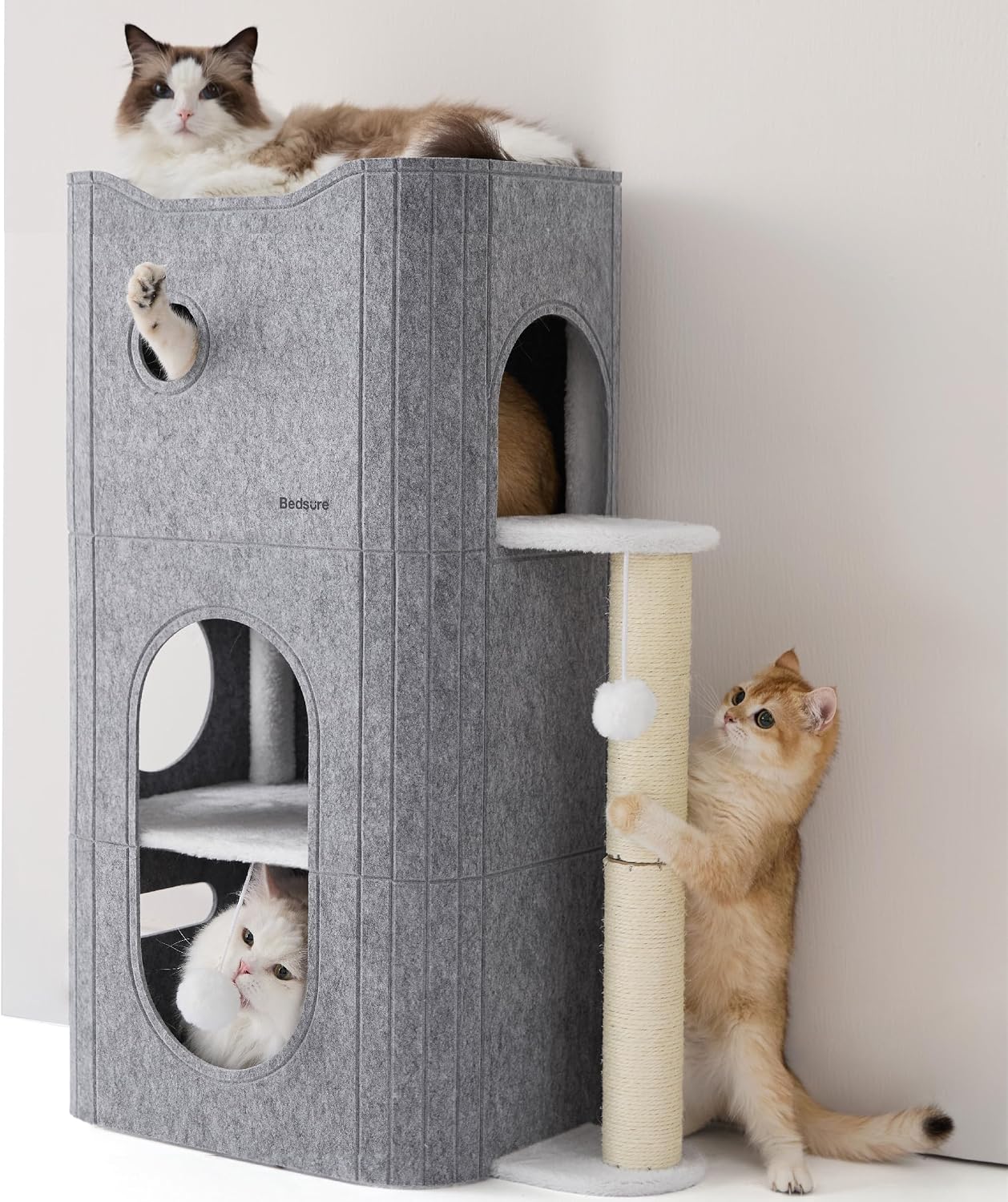 Bedsure Cat House Bed for Indoor Cats with Fluffy Ball and Scratch Pad,Grey