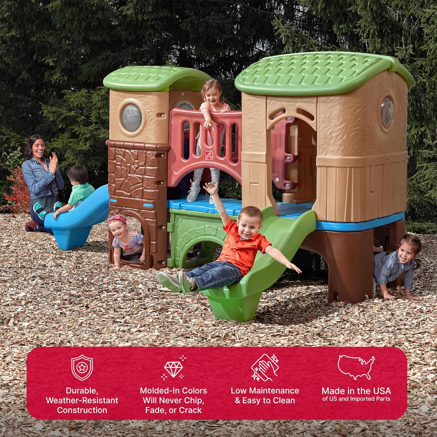 Step2 Clubhouse Climber Playset for Kids, Jungle Gym with Elevated Playhouse, Outdoor Backyard Playground Set, Two Toddler Slides