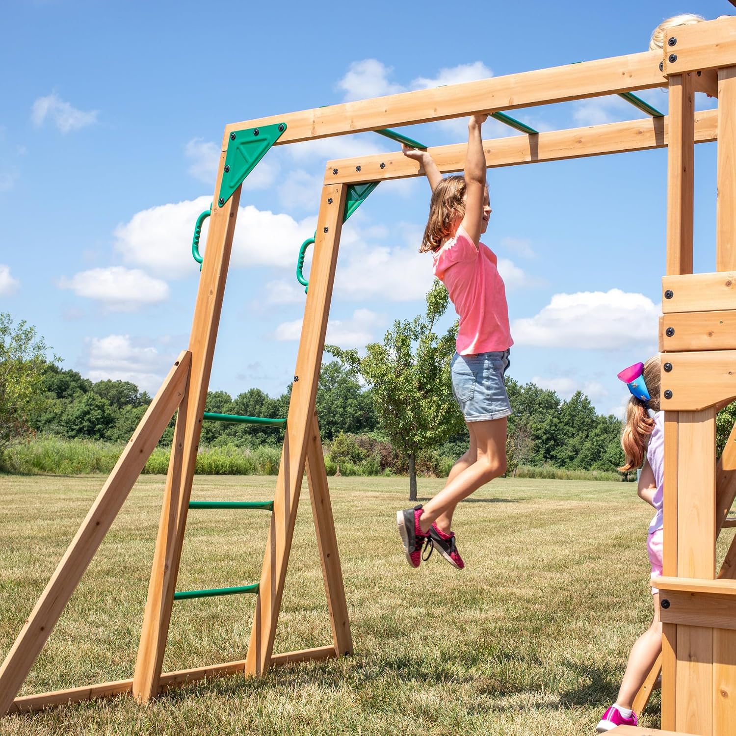 Backyard Discovery Montpelier Cedar Wood Swing Set, Wave Slide, Clubhouse, Monkey Bars, Picnic Area, Snack Bar, Belt Swings, Trapeze, Balcony