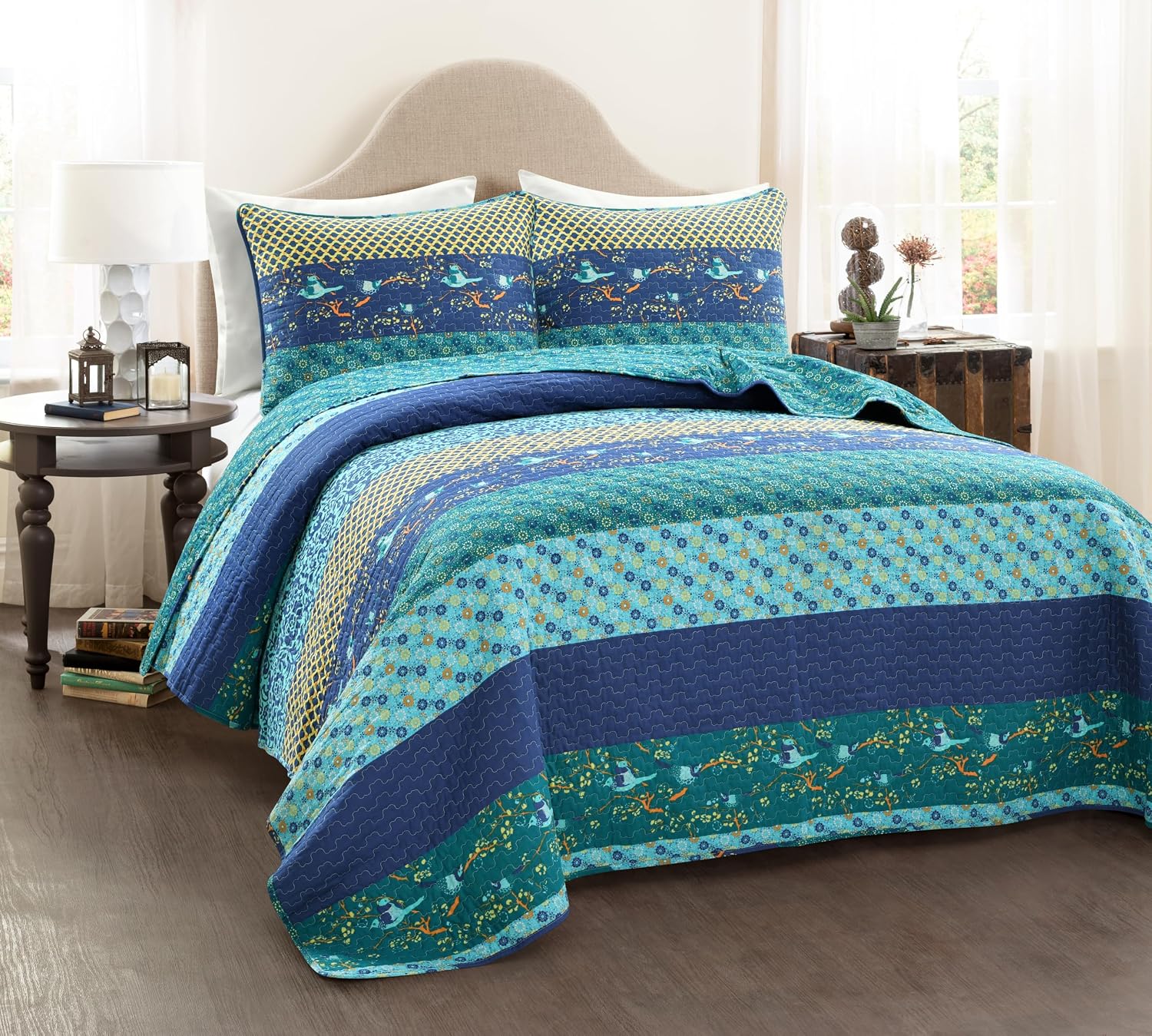 Lush Decor Royal Empire Reversible Cotton Quilt Set, 3 Piece Set Full/ Queen, Plum - Striped Bedding Set - Floral Quilt Queen Size - Purple Bedding - Boho Decor