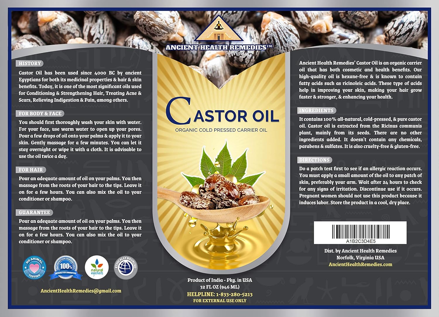 Ancient Health Remedies Organic Castor Oil - Cold Pressed, Unrefined, Pure Carrier Oil for Hair Growth, Skin Moisturizing & Softening (16 oz)