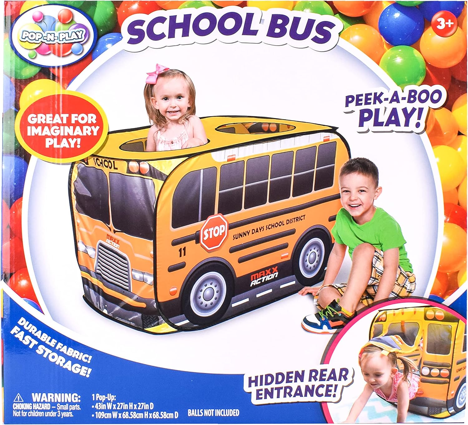 Sunny Days Entertainment Pop Up School Bus – Indoor Playhouse for Kids | Yellow Vehicle Toy Gift for Boys and Girls