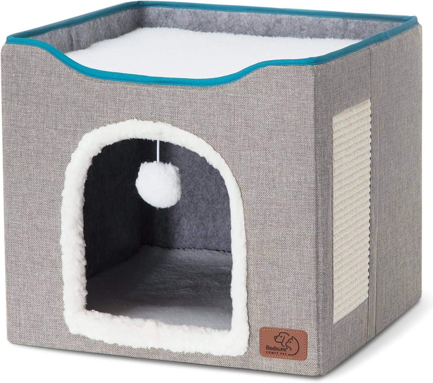 Bedsure Cat House Bed for Indoor Cats with Fluffy Ball and Scratch Pad,Grey