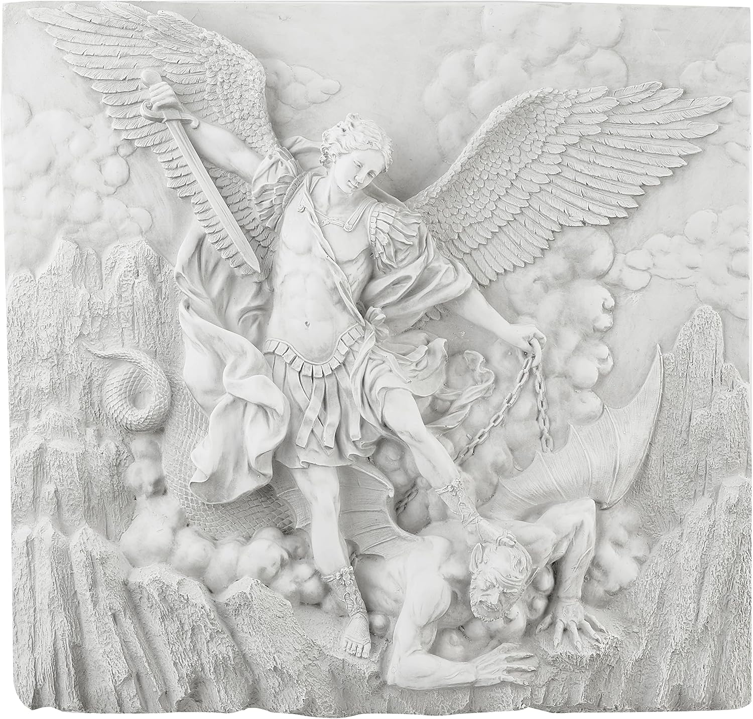 Design Toscano Michael the Archangel Slaying Demon Indoor/Outdoor Wall Frieze Sculpture, 22 inches wide, Cast Stone Resin, Antique Stone Finish