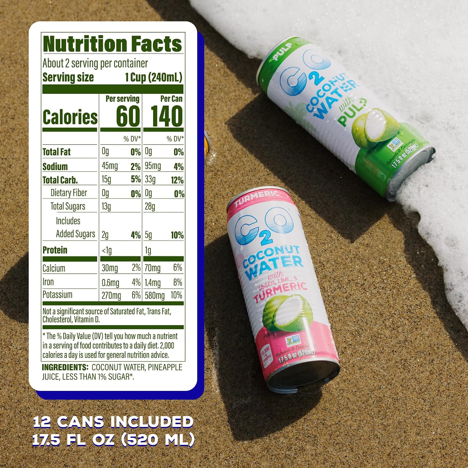 C2O - Coconut Water with Pineapple (12 Pack) - Made with Fresh Coconut Water - Plant Based - Non GMO - Canned Water - Natural Hydration, Essential Electrolytes, & Potassium - 12 Cans, 17.5 FL OZ