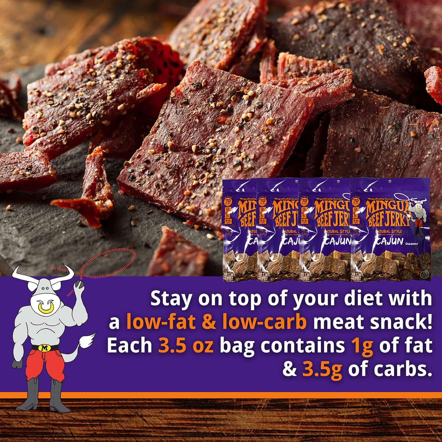 Mingua Beef Jerky Cajun-Seasoned - Nitrite-Free Spicy Beef Jerky - 100% US Beef, Four 3.5-Ounce Bags