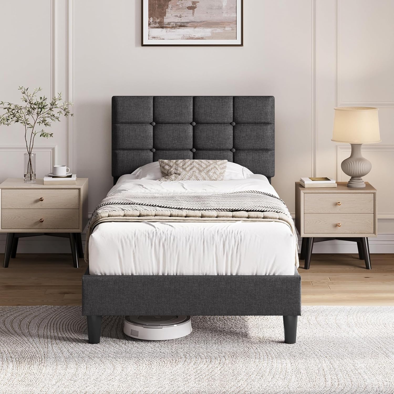 Yaheetech Full Size Upholstered Tufted Bed Frame with Headboard, Dark Gray | Sturdy engineered wood frame with linen fabric upholstery features a soft tufted headboard for easy assembly and support