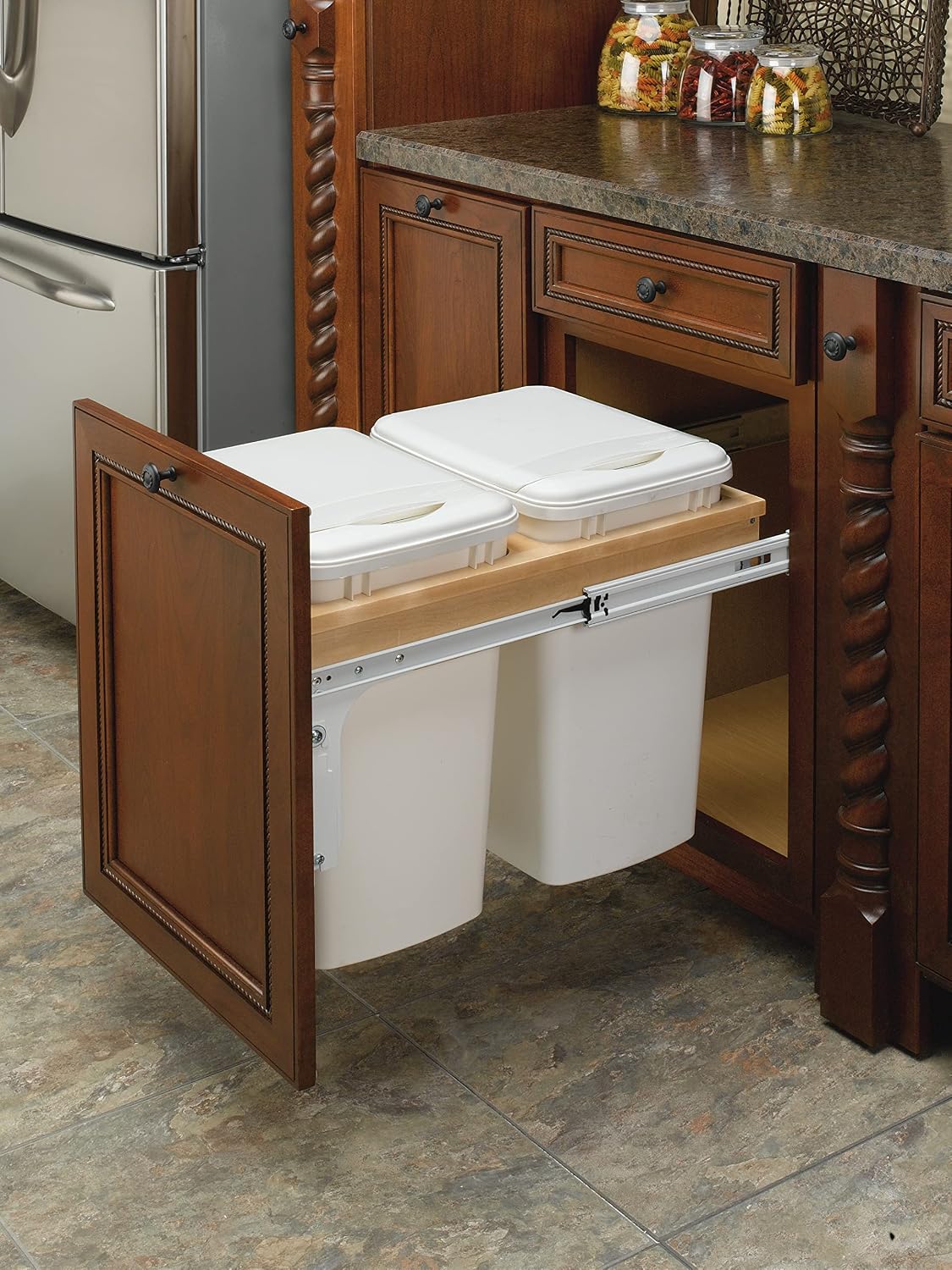 Rev-A-Shelf Top Mount Double Pullout Under Cabinet 50 Quart Kitchen Trash Cans w/Soft-Close for Full Height Cabinet, 150 Pound Rated Full-Extension Slides, 4WCTM-2150BBSCDM-2