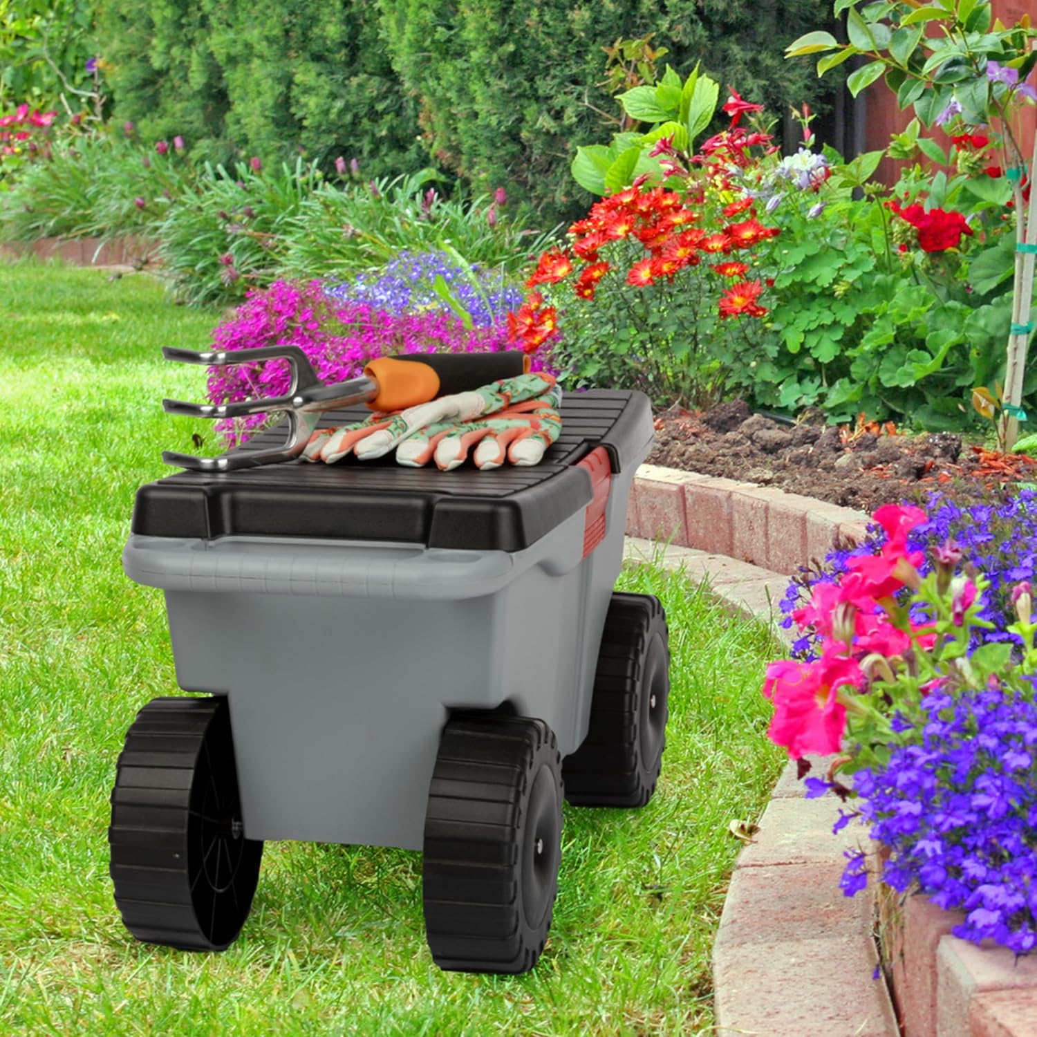 Rolling Garden Cart with Seat - Plastic Storage with Bench and Interior Tool Tray - Gardening Stool for Weeding and Planting By Pure Garden (Green) | Plastic Storage with Bench and Interior Tool Tray - Gardening Stool for Weeding and Planting