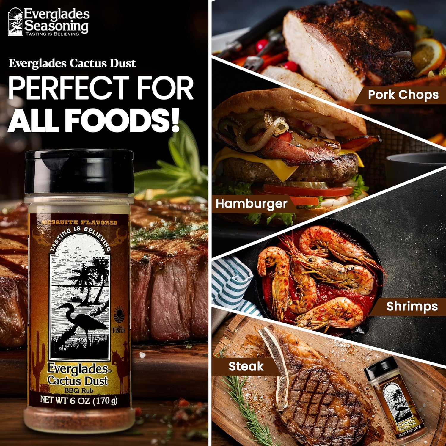 Everglades Cactus Dust BBQ Seasoning - Gluten Free - Mesquite, 6 oz | Southern Cuisine Blend, No Pesticides, Caramelized Crust