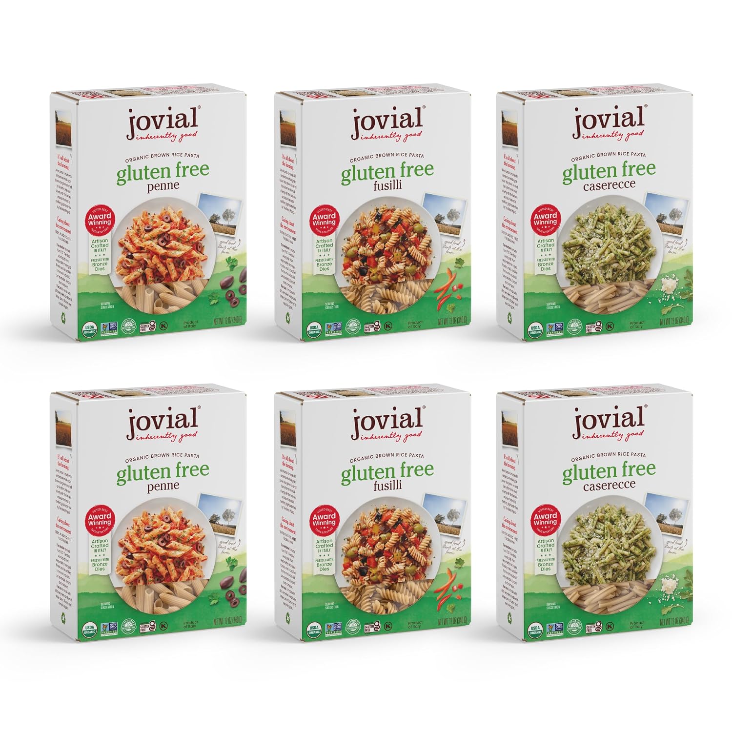 Jovial Brown Rice Farfalle, Penne, & Elbows Pasta - Whole Grain Organic Pasta, Gluten Free, Dairy Free, Made in Italy - 12 Oz, 3 Pack Variety