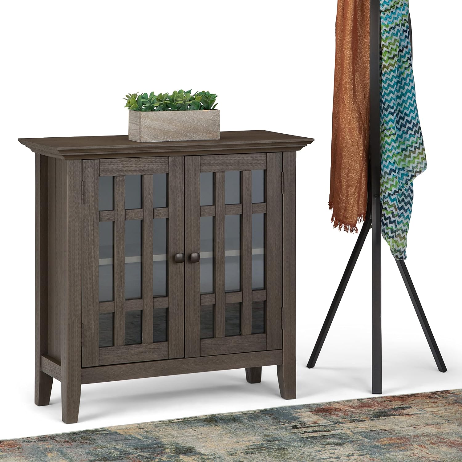 SIMPLIHOME Bedford 62" Wide Solid Wood Sideboard in Brunette Brown | Transitional low media console with glass doors and storage shelves for the living room, entryway or dining room.